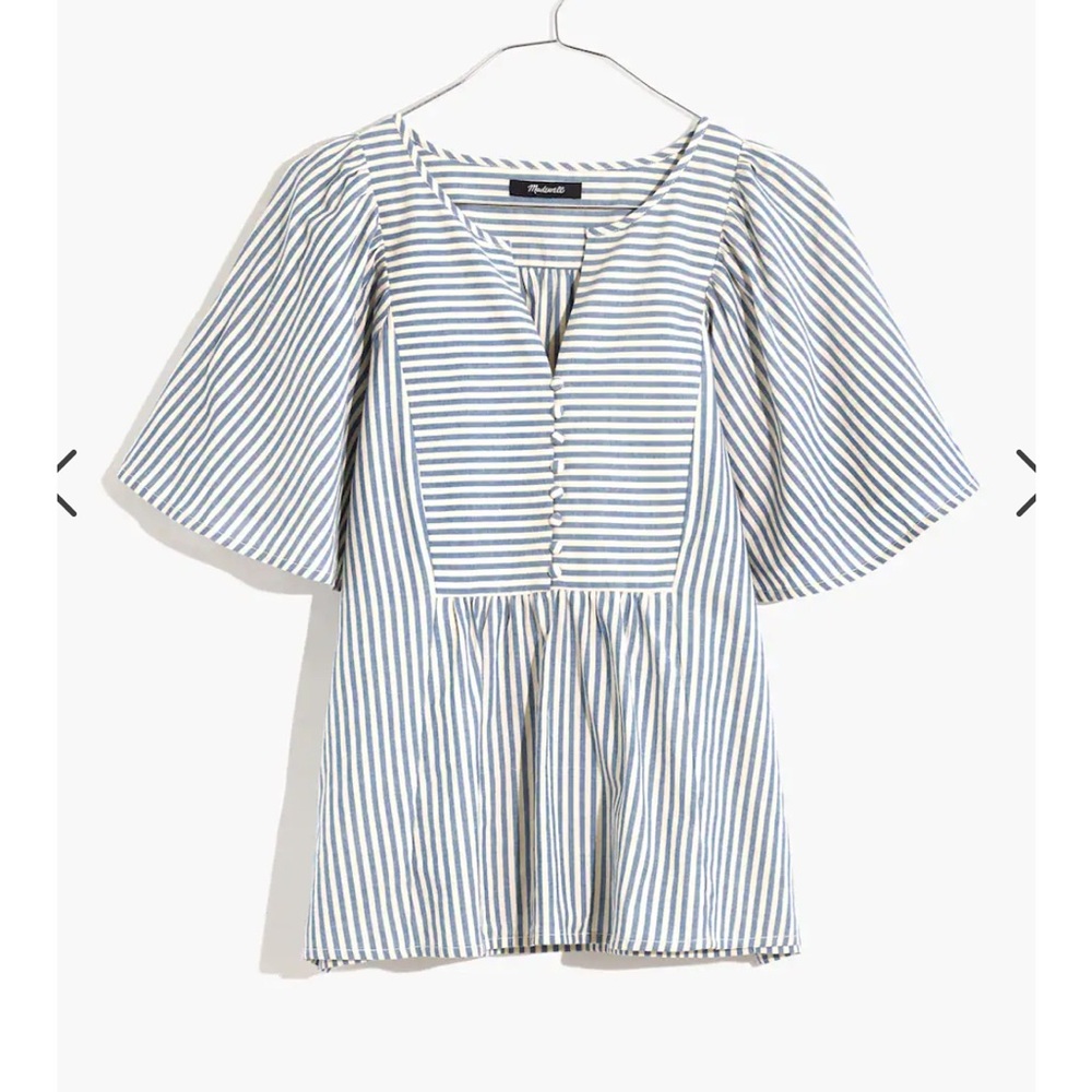 Madewell Courtyard Flutter-Sleeve Top in Stripe chambray white size L